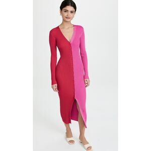 Staud Shoko Colorblocked Ribbed Midi Dress in Two Tone Red & Pink, Size XS